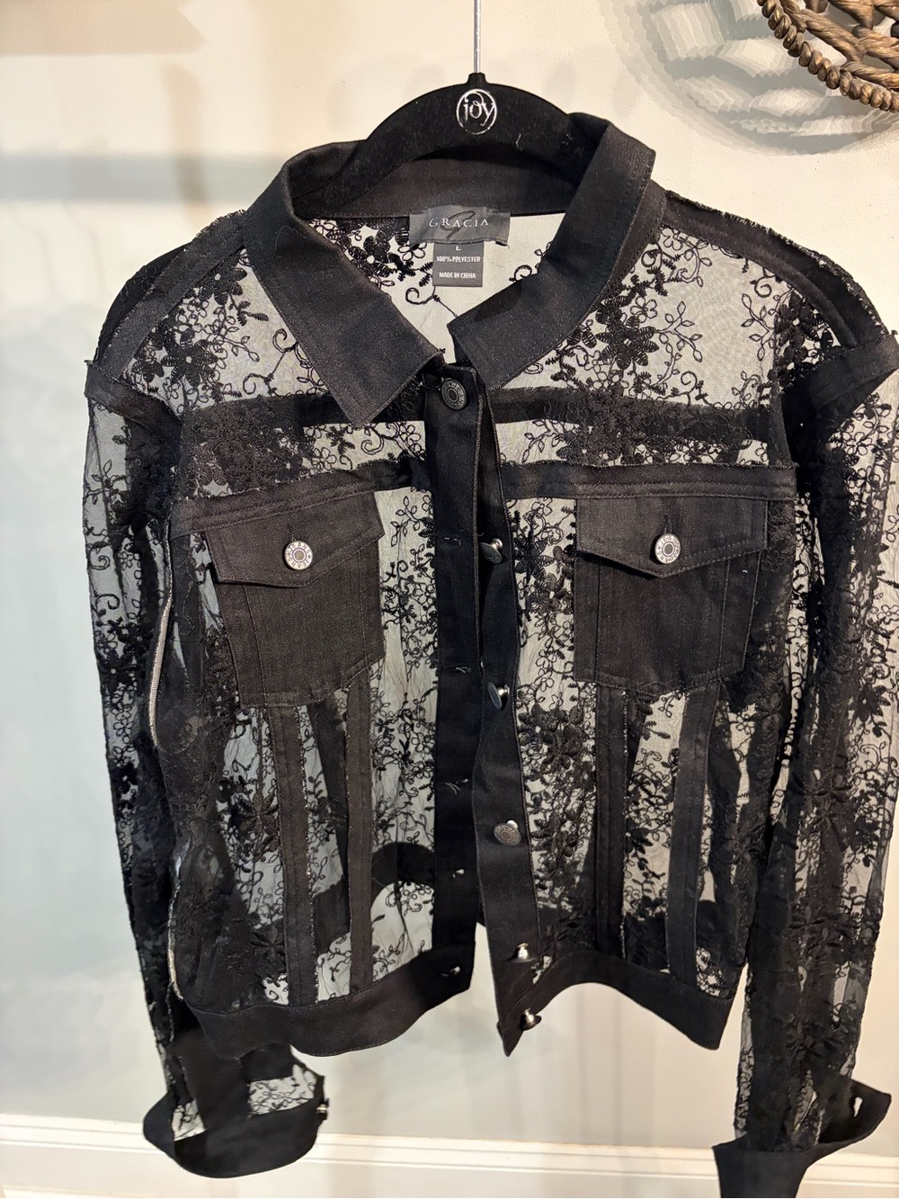 Gracia Black Sheer Floral Lace Jacket size large